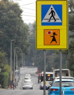 Na pierwszym planie znak drogowy pionowy „przejście dla pieszych” wraz z tabliczką „agatka” wskazującą że przejście dla pieszych jest szczególnie uczęszczane przez dzieci. W tle perspektywa drogi w obszarze zabudowanym, umiarkowany ruch, dobre warunki drogowe.