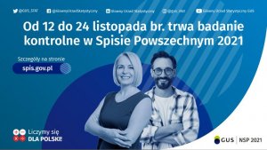 plakat przedstawiający kobietę i mężczyznę na niebieskim tle, a nad nimi napis: Od 12 do 24 listopada br. trwa badanie kontrolne w Spisie Powszechnym 2021