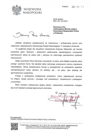 Podziękowania od Wojewody Małopolskiego