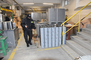 Policyjny pies służbowy wraz z przewodnikiem w hali produkcyjnej przywięziennego zakładu pracy.