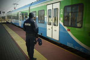 Policjant znajdujący się na peronie obok pociągu
