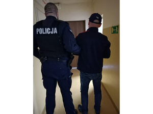 awatar-policjant prowadzący zatrzymanego na terenie komisariatu, ustawieni tyłem do zdjęcia