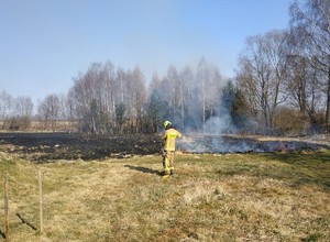 pożar łąki gmina Zator strażak dogasza pożar