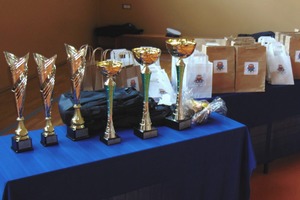 Zdjęcie zwycięskich pucharów, dyplomów oraz nagród dla najlepszych drużyn biorących udział w konkursie
