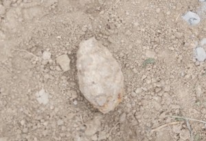 pordzewiały, przybrudzony ziemią granat z czasów II wojny światowej leżący na ziemi