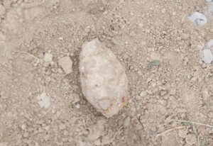 pordzewiały, przybrudzony ziemią granat z czasów II wojny światowej leżący na ziemi