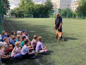 policyjny przewodnik psa służbowego rozmawia z dziećmi o zasadach bezpieczeństwa podczas kontaktu ze zwierzętami