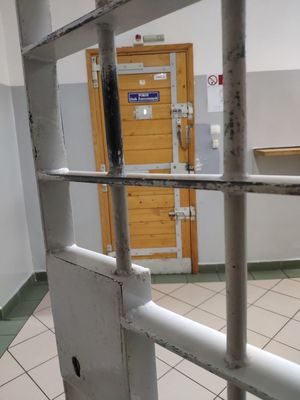 okratowane drzwi prowadzące do pomieszczeń dla osób zatrzymanych