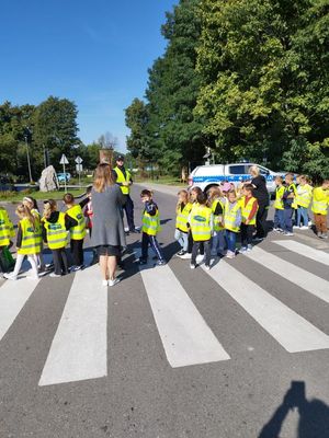 Grupa uczniów ubranych w kamizelki odblaskowe pod nadzorem policjanta oraz nauczycielki przechodzi przez przejście dla pieszych w tle ulica, radiowóz i drzewa