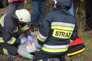 strażacy udzielający pierwszej pomocy osobie poszkodowanej w wypadku