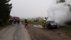 Kilku strażaków gasi pożar samochodu stojącego na poboczu drogi