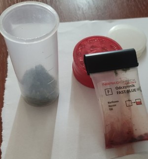 marihuana w pojemniku plastikowym obok narkotester