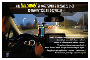 plakat - kampania społeczna pt. Świadomość Komendy Stołecznej Policji - widok ze środka samochodu, z fotela kierowcy