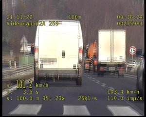 Kadr z nagrania z wideorejestatora z zarejestrowanym wykroczeniem z datą i godziną. Ciąg jadących samochodów widok od tyłu