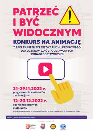 plakat konkursu - różowy napis: patrzeć i być widocznym