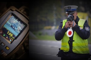 Po lewej zdjęcie wyniku pomiaru prędkości 109 km.h samochodu z wizualizacją, po prawj policjant mierzący prędkość ręcznym miernikiem