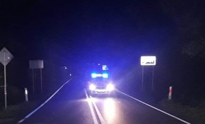 radiowóz z włączonymi sygnałami jedzie ulicą w nocy