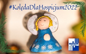 Oficjalne logo akcji: zdjęcie bombki w kształcie aniołka oraz napis #KolędaDlaHospicjum2022
