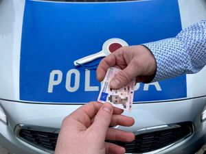 policjant odbierający prawo jazdy od kierowcy w tle policyjny radiowóz i lizak