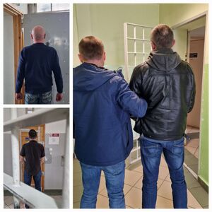 kolaż zdjęcia z trzema zatrzymanymi, w lewym górnym rogu zatrzymany stoi tyłem, poniżej zatrzymany stoi za kratami po prawej stronie policjant prowadzi zatrzymanego