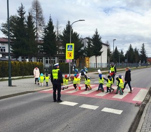 przedszkolaki w kamizelkach odblaskowych przechodzą przez przejśćie dla pieszych, obok policjanci