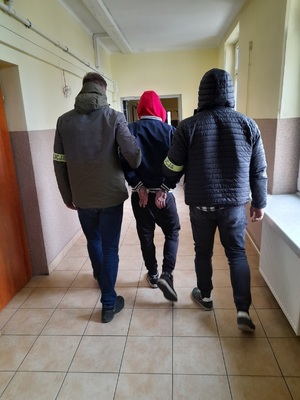 Nieumundurowani policjanci prowadzący osobę zatrzymaną. Zatrzymany mężczyzna ma założone kajdkanki