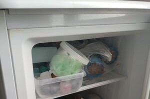 W zamrażarce lodówki znajdują się plastikowe pudełka z kolorowymi woreczkami w środku, w których znajduje się susz roślinny