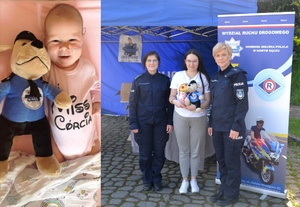 mama Wiktorii z policjantkami, obok zdjęcie dziewczynki z pieskiem-maskotką sądeckiej Policji