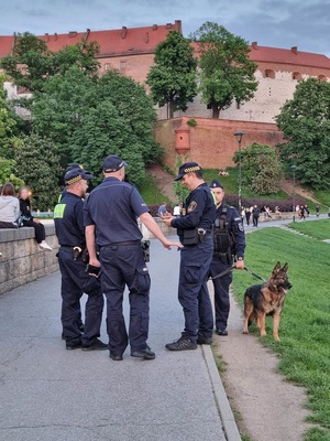 policjanci i strażnicy miejscy stojący na bulwarze. W tle widać krakowski Wawel