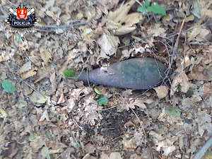 granat moździeżowy leżący na ziemi wśród wyschniętych gałązek i liści