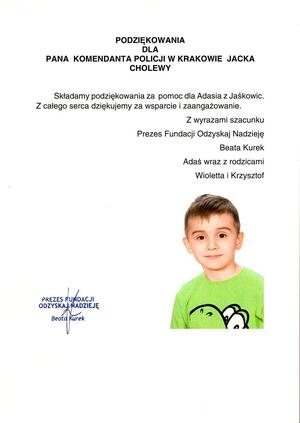 Treść podziękowań ze zdjęciem chorego chłopczyka