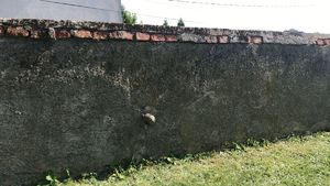w mur ogrodzenia koscioła wbity jest pocisk altyleryjski mur pokryty mchem