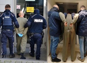 dwie połączone fotografie- policjanci prowadzą sprawców rozboju