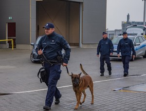 policjant z psem w tle patrol i radiowóz na tle budynku