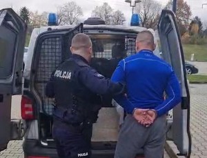 policjant wprowadzający do radiowozu zatrzymanego z założonymi kajdankami na ręce trzymane z tyły