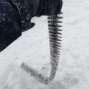 policjant trzyma w dłoni Taśmę nabojową z II Wojny Światowej