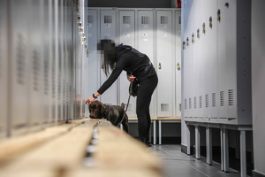 funkcjonariuszka z psem przeszukuje szatnie pracowniczą