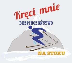 grafika przedstawiająca narciarza i stok, napis Kręci mnie na stoku