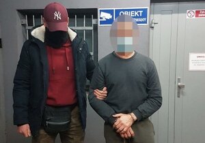 poloicjant z zatrzymanym mającym załozone zespolone kajdanki, stojący przodem.