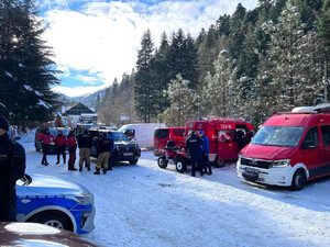 uczestnicy poszukiwań, obok pojazdy służbowe