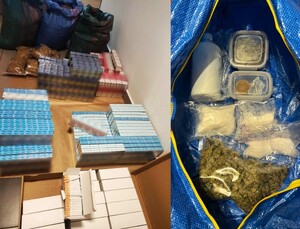 zdjęcie podzielone na dwie części - po lewej zabezpieczone papierosy i tytoń a po prawej narkotyki