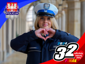 policjantka składająca ręce w kształt serca, po bokach loga KWP w Krakowie i 32 finału WOŚP